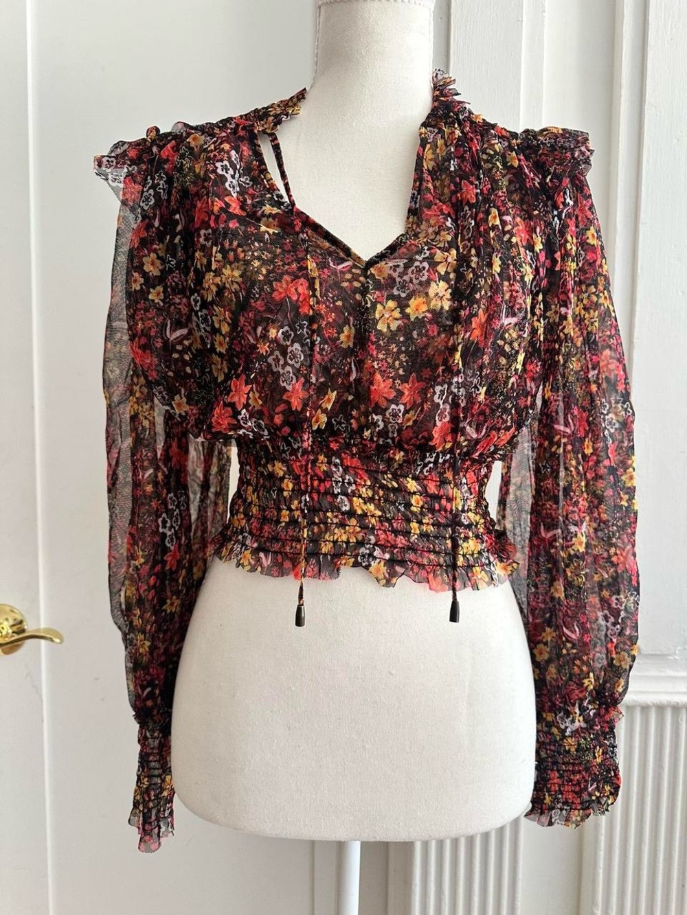Free People Black Floral Sheer Smocked Waist Blouse